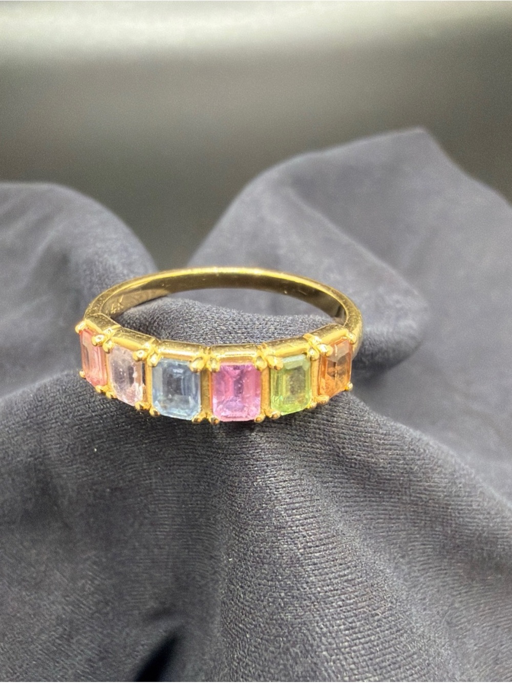 14K Yellow Gold Multicolor Sapphire Baguette Band Ring Size 9